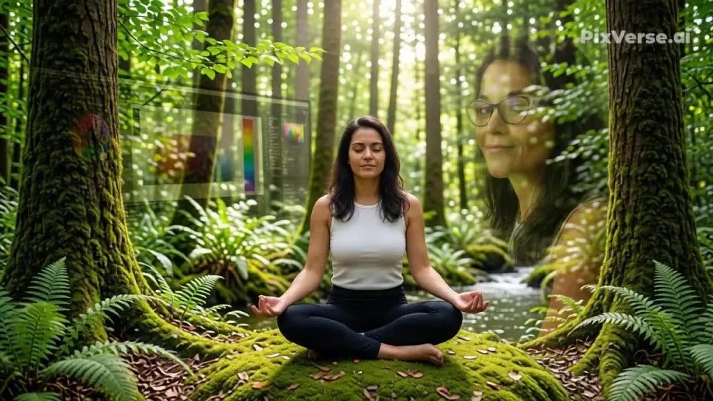 Mujer meditando en un bosque con pantallas digitales flotantes, representando el equilibrio entre el trabajo y la energía espiritual.