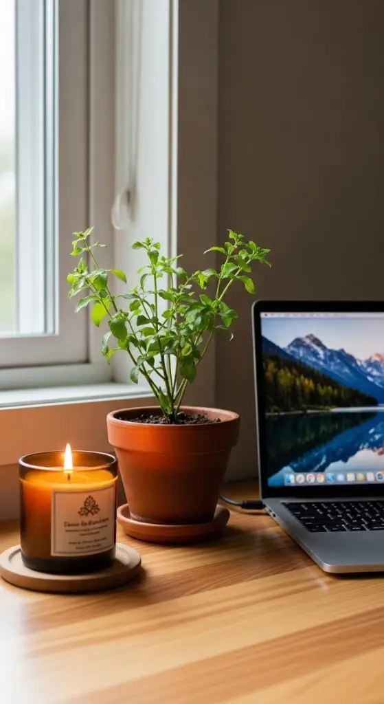 Imagen destacada del post Arquitectura de Agenda mostrando un escritorio organizado con vela encendida, planta y laptop abierta con fondo de montañas, evocando enfoque y productividad consciente