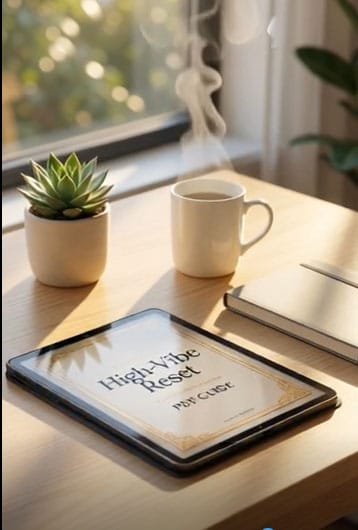 Escritorio de madera minimalista con laptop y café, representando la productividad consciente y el orden mental.