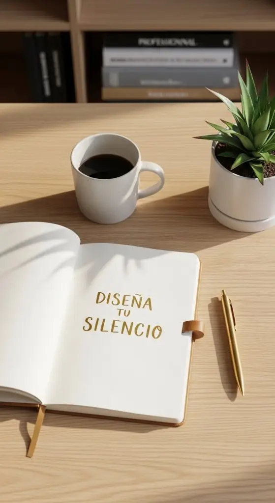 Escritorio de madera minimalista con libreta y texto "DISEÑA TU SILENCIO" para lograr un Descanso real para líderes - Selenis Matos