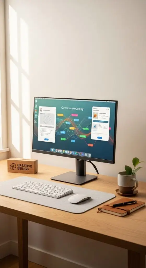 Sistemas de productividad consciente en un escritorio minimalista de Seres Creativos.