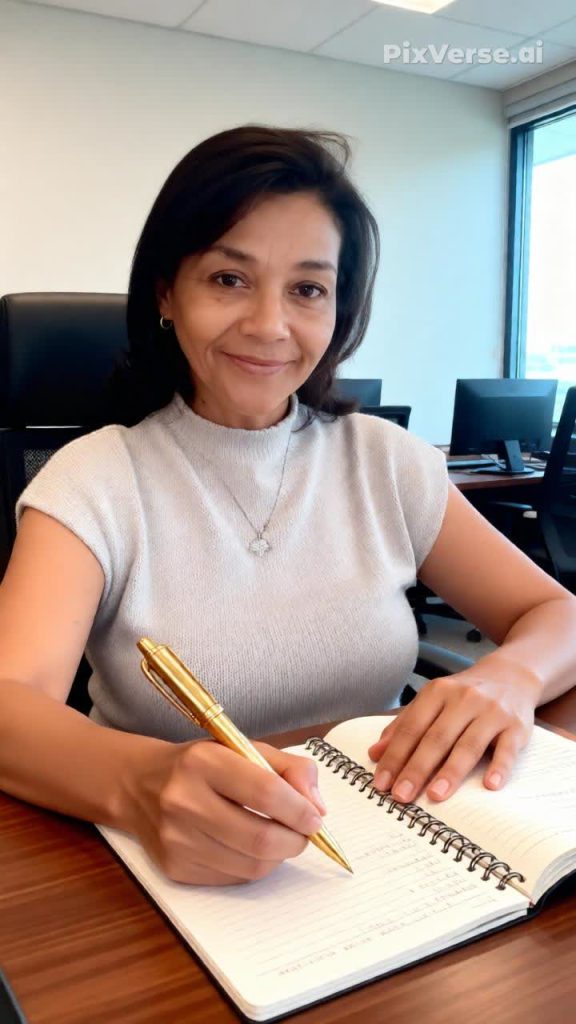 Selenis Matos, especialista en liderazgo resiliente, sentada en su oficina con un cuaderno y bolígrafo dorado, representando la toma de decisiones estratégica.