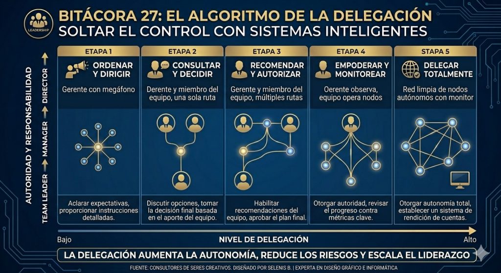 Infografía sobre niveles de delegación de líderes y gerentes por Selenis Matos