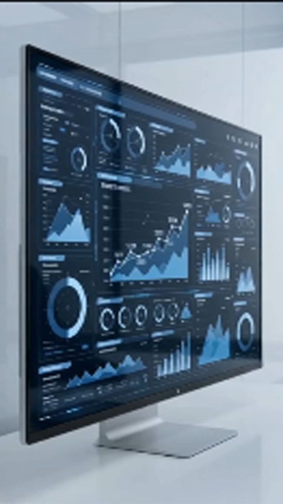 Monitor moderno mostrando un tablero de control ejecutivo con analíticas avanzadas y KPIs de negocio.