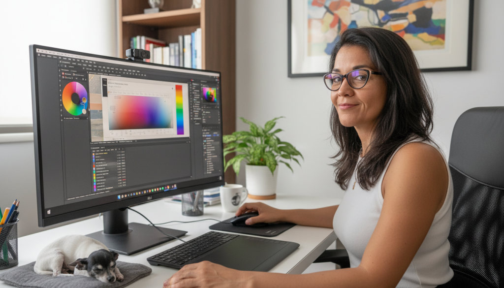 Selenis Matos, mentora de liderazgo resiliente, analizando métricas en una tablet para optimizar la interfaz de éxito de un negocio.